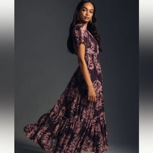 Anthropologie Crimson Purple Short Sleeve V Neck Chiffon Somerset Maxi Dress